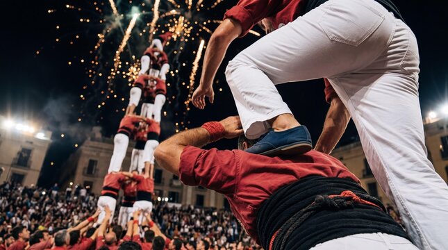 Catalan castellers build a human tower during La Merce Festival in Barcelona
