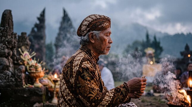 Javanese elder praying with incense at Dieng Culture Festival in Java temple.