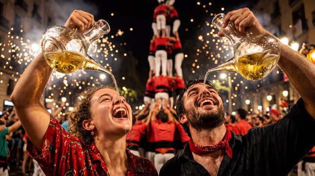 Spanish couple drinking cava from a porron at La Merce festival in Barcelona