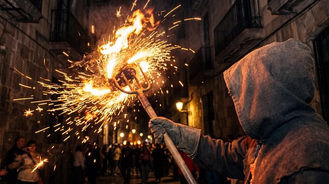 Hooded devil with fire fork at Correfoc fire run during La Merce in Barcelona