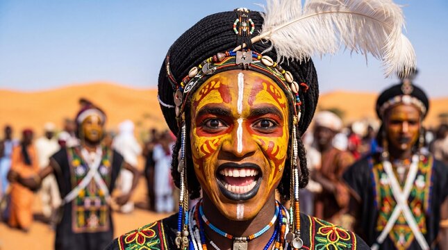 Wodaabe man smiling with traditional face paint at Gerewol Festival in Niger