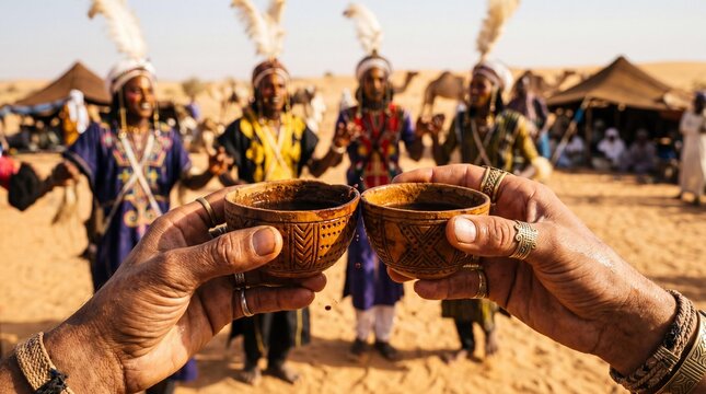 Toasting calabash tea cups at Wodaabe Gerewol festival in Niger desert