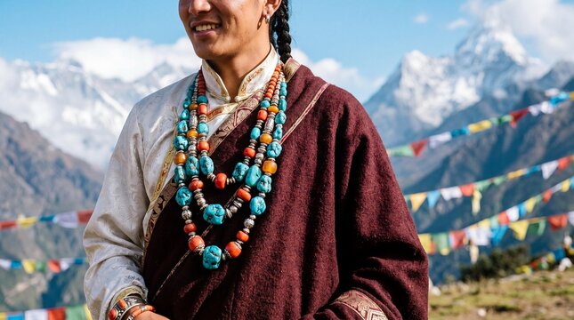 Tibetan man wearing traditional chuba robe and turquoise jewelry at festival