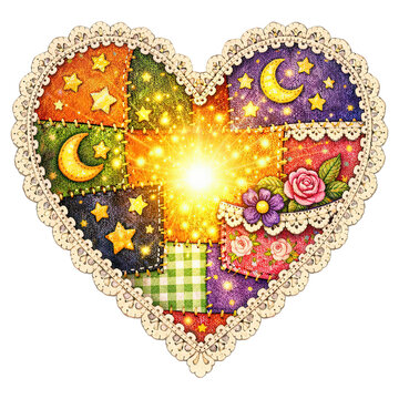 A vibrant, heart-shaped quilt adorned with celestial motifs like stars and moons, intricate floral details, and a radiant burst of light at its center. The patchwork design evokes warmth, creativity.