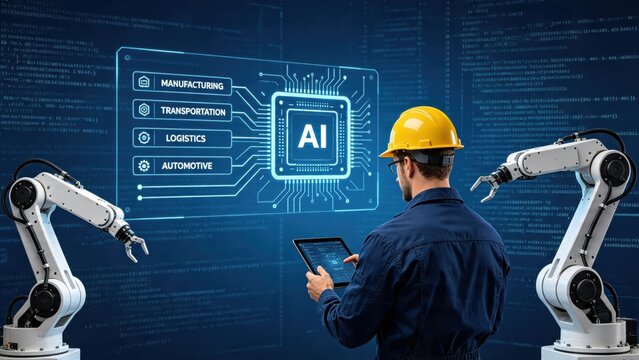 Engineer monitoring AI chip interface on screen, surrounded by robotic arms, manufacturing transportation logistics automotive sectors, advanced industrial automation.