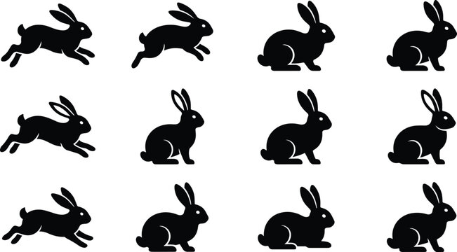 Set of black rabbit silhouettes in jumping and sitting poses.