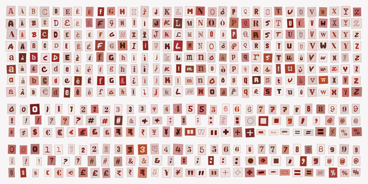 Lettere e numeri ritagliati stile riscatto, set di caratteri tipografici per collage creativo, design grafico vintage e messaggi anonimi