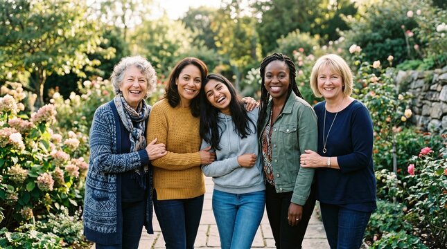 Diverse group of women of different ages and ethnicities smiling and embracing in a lush garden setting