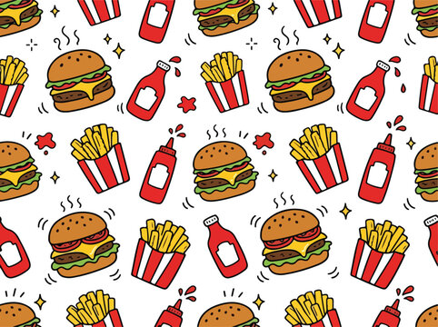 Seamless repeating pattern featuring kawaii-style burger, fries, and ketchup elements arranged in a playful and cute composition