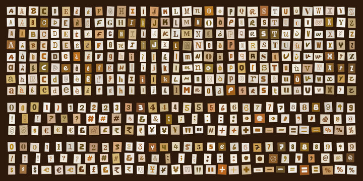Lettere e numeri ritagliati stile riscatto, set di caratteri tipografici vintage per design creativo, collage di alfabeti e simboli