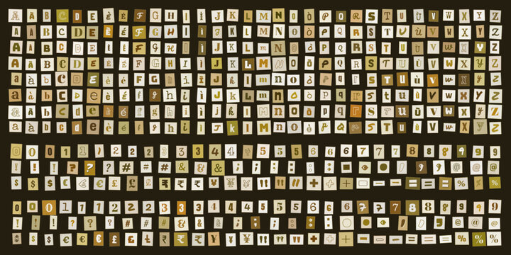Lettere ritagliate stile riscatto alfabeto completo numeri e simboli per design grafico creativo e composizioni tipografiche vintage