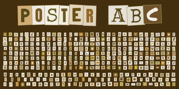 POSTER ABC, set di lettere ritagliate stile rivista per design grafico, alfabeto completo con numeri e simboli per collage tipografico creativo