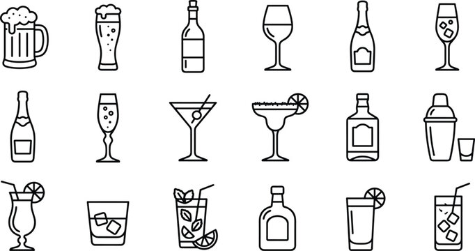 Collection of alcohol drink and cocktail line icons.