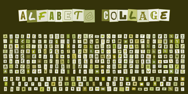 Alfabeto Collage, set di lettere ritagliate in stile ransom note per design grafico, tipografia creativa e progetti di scrapbooking fai da te