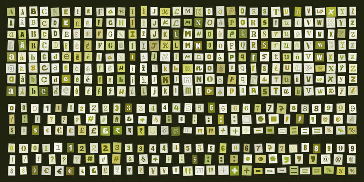 Lettere ritagliate stile riscatto alfabeto completo numeri e simboli per collage grafico creativo e design tipografico vintage