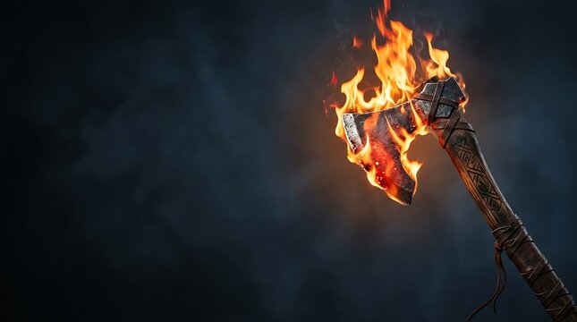 Medieval battle axe engulfed in fire against a dark smoky background