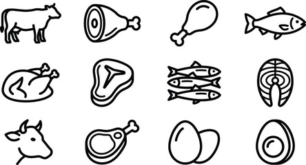Set of protein food icons including meat fish poultry and eggs. © Inova
