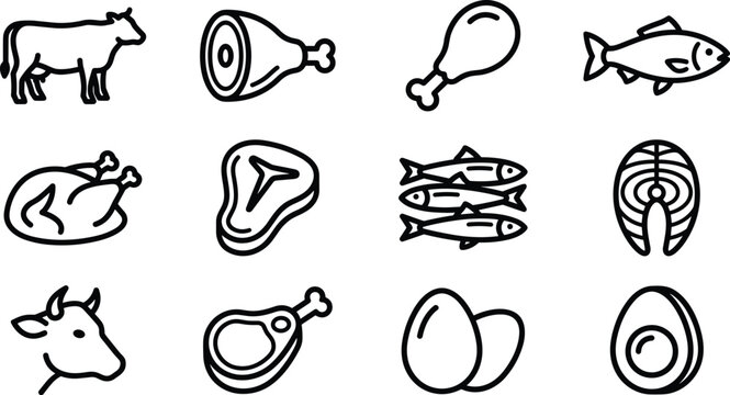 Set of protein food icons including meat fish poultry and eggs.