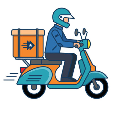 Delivery Rider on Scooter: A cartoon illustration depicts a delivery rider wearing a helmet and blue jacket, riding a turquoise and orange scooter with an orange box on the back.
