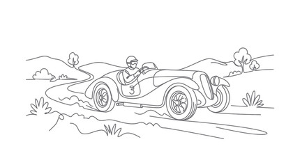 Obraz premium Classic racing car with driver speeding on a winding road