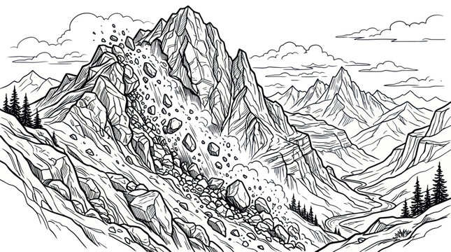 Dramatic rockfall down a steep mountain slope in a wild landscape