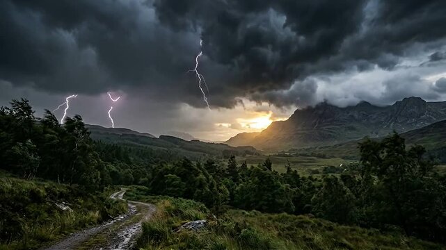 Thunderstorm Over Mountain Landscape with Lightning and Dark Clouds