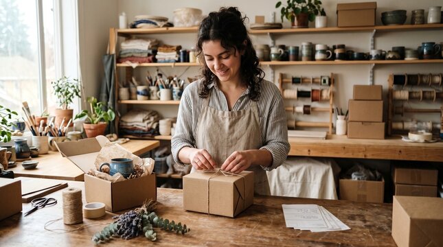 Artisan woman carefully tying a gift box with twine in her pottery studio workshop
