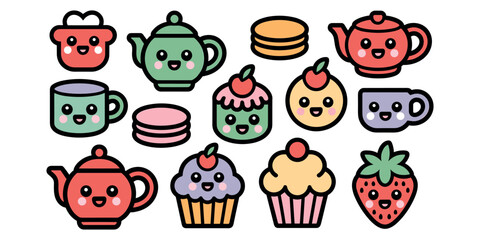 Naklejka premium Cartoon tea and dessert with smiling faces teapot in white background