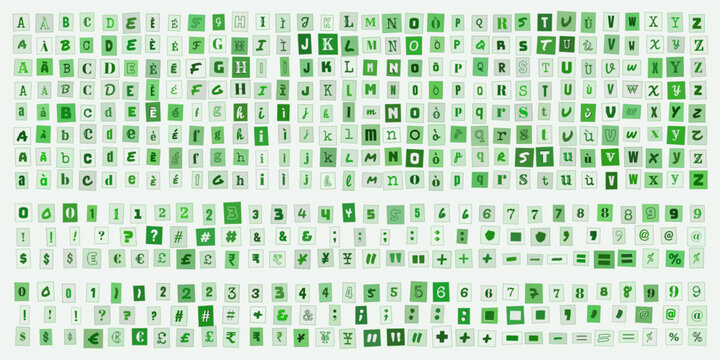 Alfabeto stile lettera di riscatto verde, set di caratteri ritagliati per design grafico, collage tipografico creativo e poster