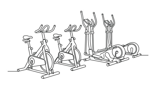 Continuous line drawing of stationary exercise bikes and elliptical trainers.