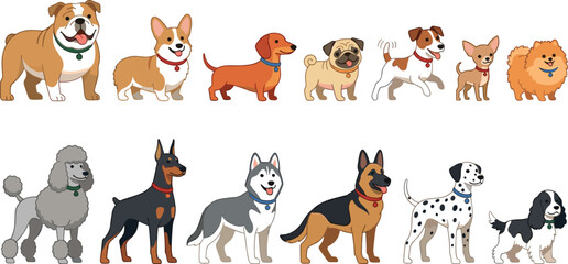 Collection of various popular dog breeds illustrated in a colorful cartoon style. © Inova