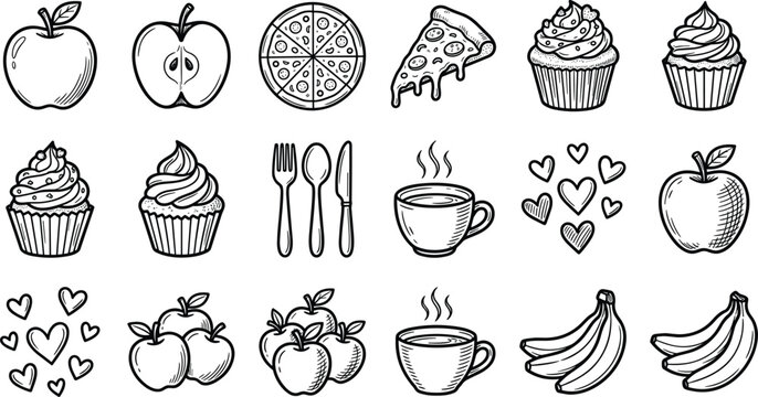 Collection of hand drawn food and beverage icons in doodle style.