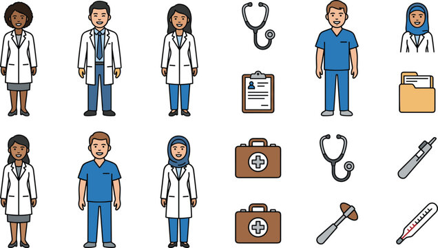 Diverse medical professionals and healthcare equipment icons set.