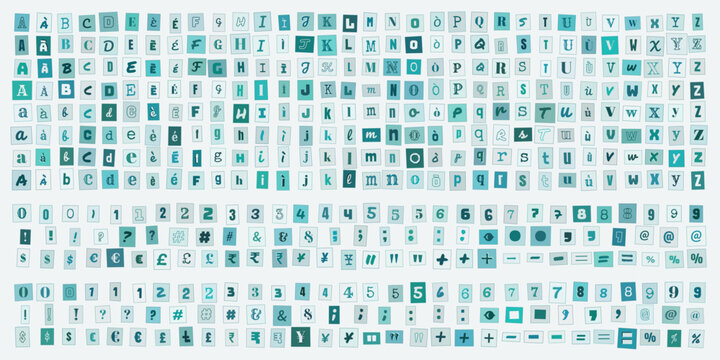 Alfabeto ritagliato stile collage lettere numeri e simboli per design grafico creativo e composizioni tipografiche personalizzate