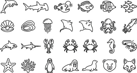 Set of Hand Drawn Marine Life and Arctic Animal Icons. © Inova