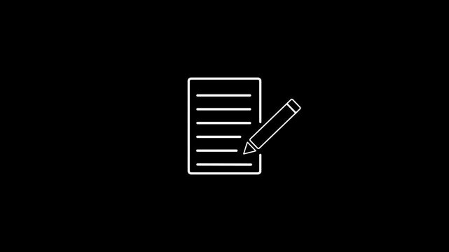 White outline icon of a document with lines and a pencil on a black background paper writing