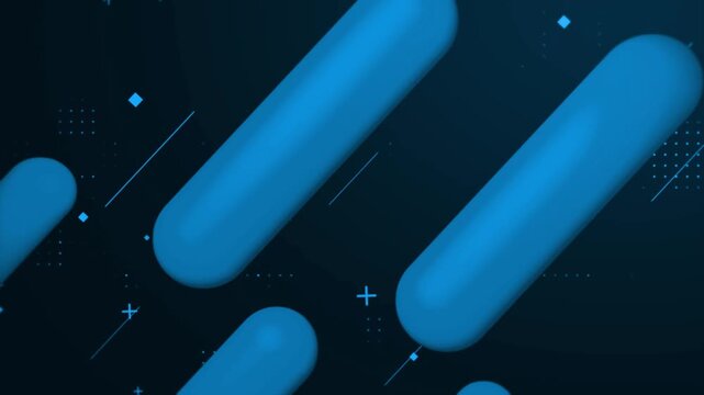 Abstract blue capsule shapes moving diagonally with geometric cross elements for futuristic technology concept vfx corporate branding video backdrop loop asset on dark background