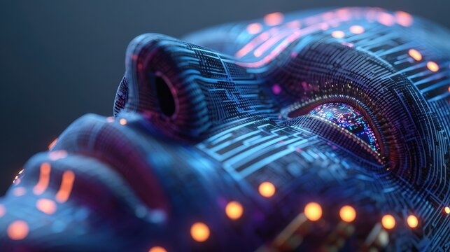 Close-up of a futuristic, robotic face with glowing circuits and details
