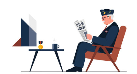 Fototapeta premium Veteran Reads Newspaper Lest We Forget Sitting in Chair.