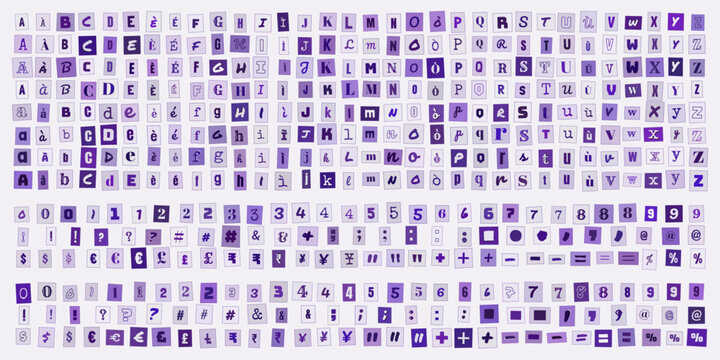 Alfabeto e numeri stile ritaglio di giornale viola, set di caratteri tipografici per design creativo, collage di lettere e simboli