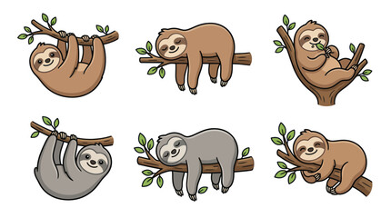 Cute sloths character set hanging and sleeping on tree branches © caos