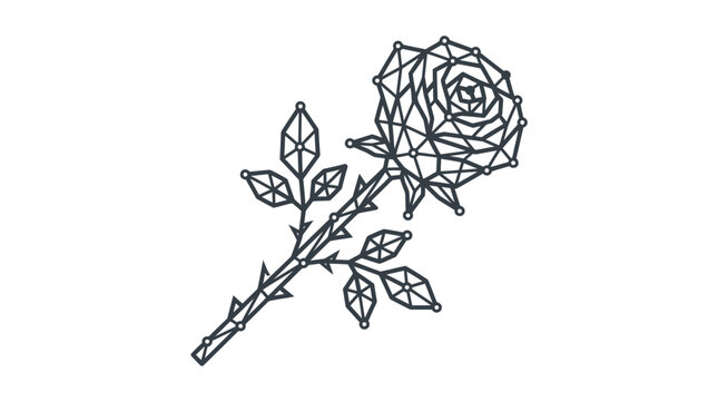 Geometric rose flower with polygonal wireframe stem and leaves