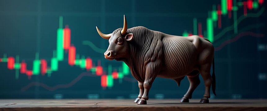 Bull standing in front of bullish stock market chart with green candlesticks indicating upward financial growth