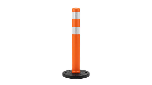 Flexible orange traffic delineator post with reflective bands and weighted base for lane separation, parking guidance and temporary road safety management

