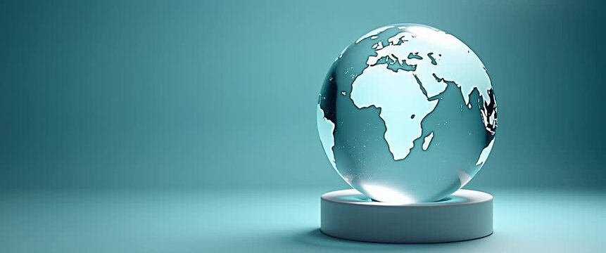 Crystal globe displaying world map on illuminated pedestal with turquoise background
