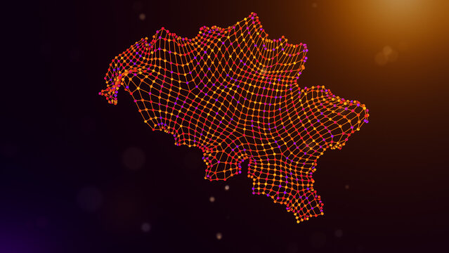 Abstract Belgium map formed by wavy interconnected nodes and network lines over a glowing purple orange bokeh background, symbolizing digital infrastructure and intelligent connectivity.