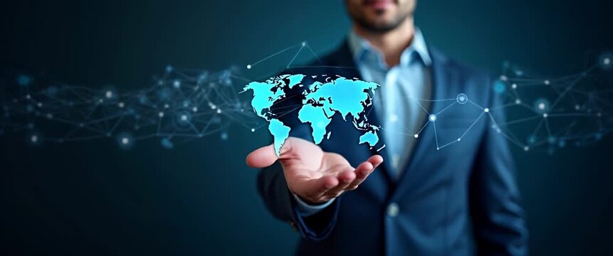 Businessman holding digital world map with global network connections and data points