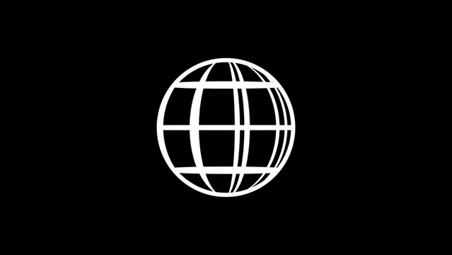 Minimalist white wireframe globe sphere on black background, geometric grid pattern