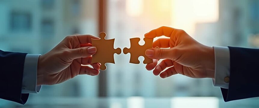 Two businessmen connecting golden puzzle pieces in office partnership agreement