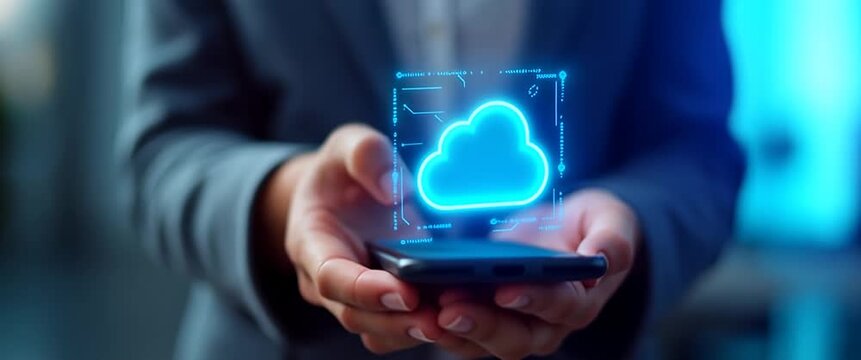 Businessman holding glowing cloud computing icon on smartphone display with blue digital network background